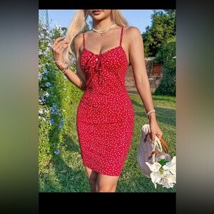 Red Polka Dot dress and red 2-pc set from SHEIN